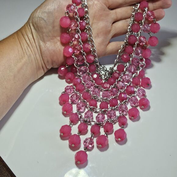 Silver Tone Pink Beaded Bib Layered Statement Necklace 23-26" - Picture 1 of 16